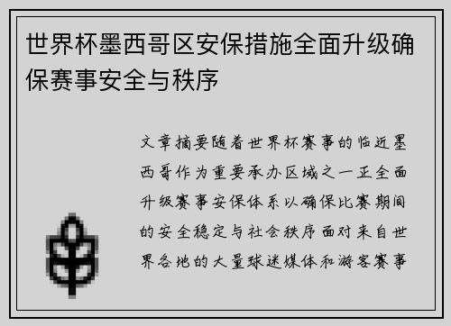 世界杯墨西哥区安保措施全面升级确保赛事安全与秩序